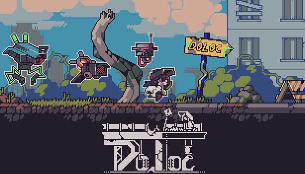 Doloc Town Steam artwork: a scavenger, drones, and the wasteland road into town